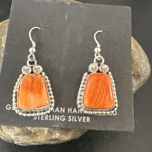 Navajo Orange Spiny Oyster Dangle Earrings | Sterling Silver | Authentic Native American Handmade | 17274