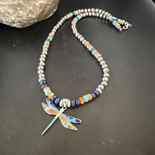 Navajo Dragonfly Pendant | Sterling Silver Turquoise Spiny Inlay MultiColor | Authentic Native American Handmade | 16634