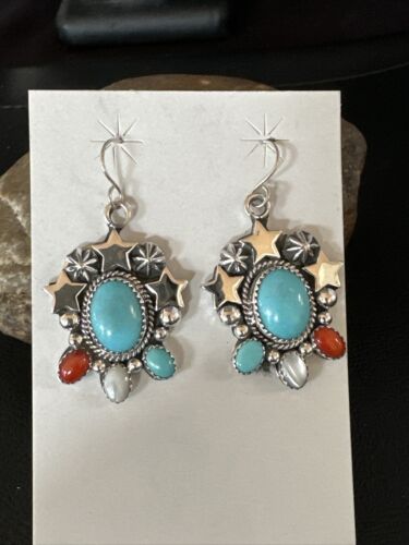 Navajo Coral Mother of Pearl Turquoise Sterling Silver Earrings | July Fourth | Handmade 15330