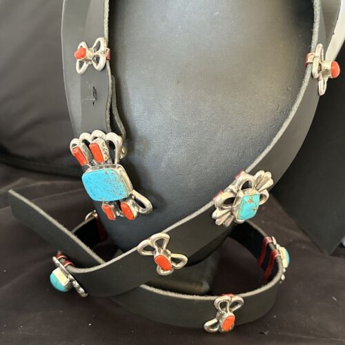 Men's Kingman Turquoise Coral Concho Belt | Sterling Silver | Navajo Tufa | 16681
