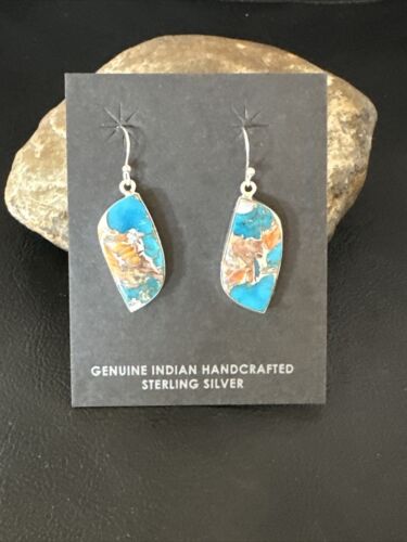 Navajo Blue Turquoise & Orange Spiny Oyster Inlay Dangle Earrings | Sterling Silver | 15585