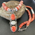 Navajo Red Spiny Oyster Mother of Pearl Pendant Necklace | Sterling Silver | Native American Handmade | 17658