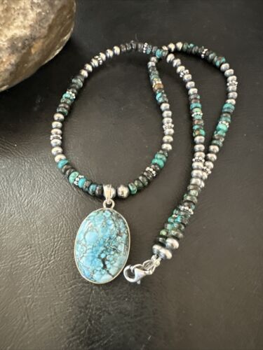 Men's Spiderweb Turquoise Pendant | Navajo Pearls Sterling Silver Necklace | Authentic Native American Handmade | 17301