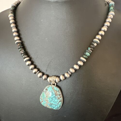 Men's Navajo Blue Spiderweb Turquoise Pendant Necklace | Sterling Silver | Authentic Native American Handmade | 16241