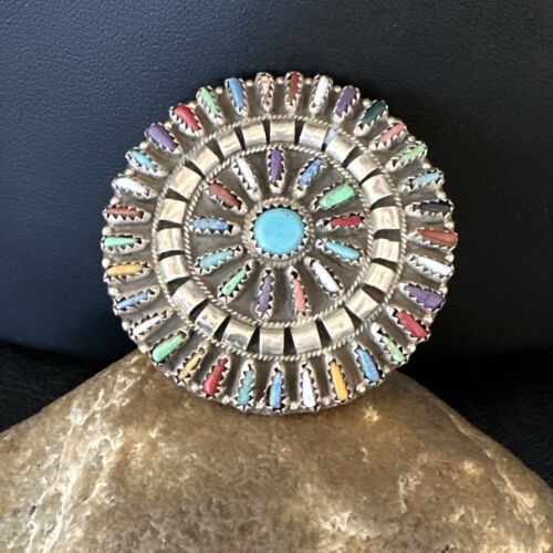 Zuni Multi-Color Turquoise Needle Point Wheel Pin Pendant | Sterling Silver | Authentic Native American Handmade | 15154