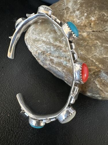 Fourth July Blue Turquoise Coral Mother Of Pearl Navajo Sterling Silver Cuff Bracelet 15338