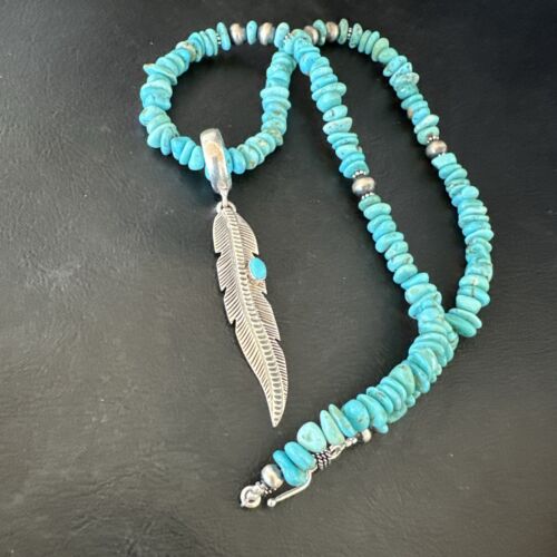 Navajo Blue Turquoise Leaf Pendant | Sterling Silver Pearls Necklace | 21" | Authentic Native American Handmade | 17540