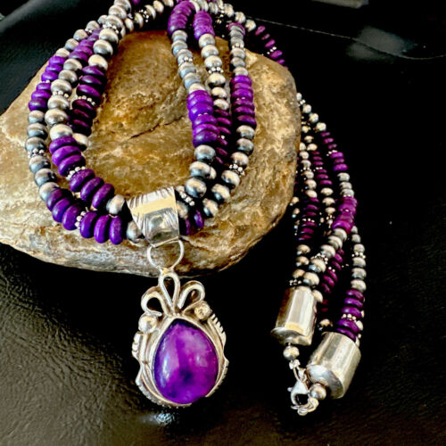 Navajo Sugilite 3-Strand Bead Necklace Set | Sterling Silver | 21" | Authentic Native American Handmade | 02927