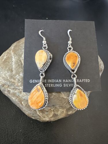 Navajo Orange Spiny Oyster Dangle Earrings | Sterling Silver | 1.5" | Authentic Native American Handmade | 16575