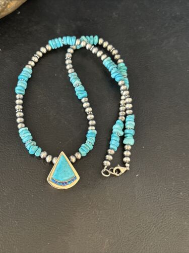 Navajo Kingman Turquoise Pendant Necklace | Sterling Silver | Native American Handmade | 14832