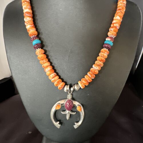 Navajo Orange Purple Spiny Oyster Naja Pendant Necklace | Sterling Silver | Authentic Native American Handmade | 15261