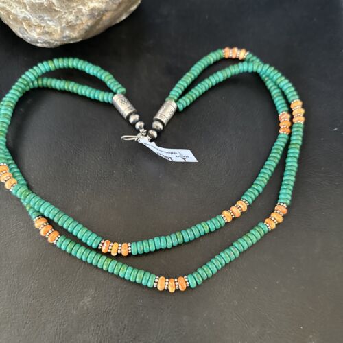 Navajo Green Turquoise Spiny Oyster Necklace | Sterling Silver | 21" | Authentic Native American Handmade | 10123