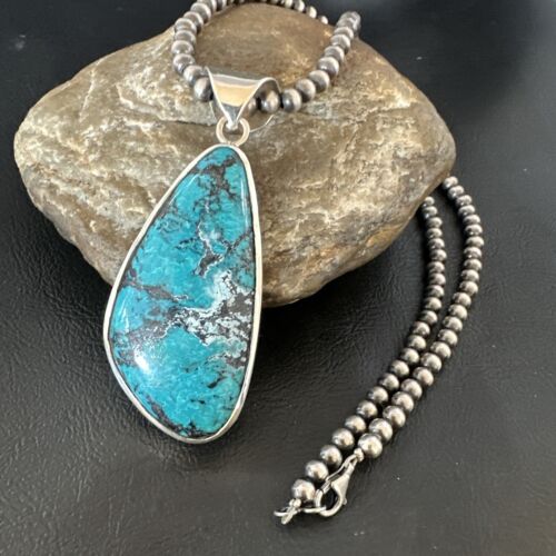 Men's Navajo Blue Spiderweb Turquoise Pendant Necklace | Sterling Silver | Authentic Native American Handmade | 16206