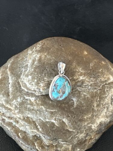 Navajo Blue Bisbee Turquoise Pendant | Sterling Silver | 1" | Authentic Native American Handmade | 17253