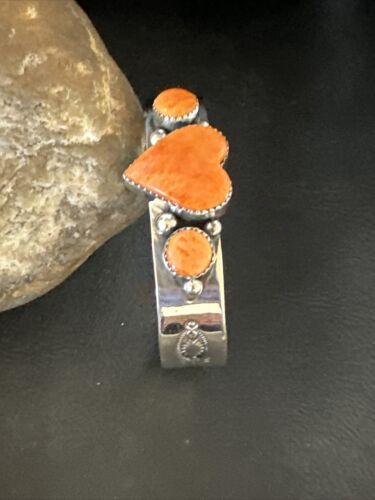 Navajo Orange Spiny Oyster Heart Cuff Bracelet | Sterling Silver | Authentic Native American Handmade | 15349