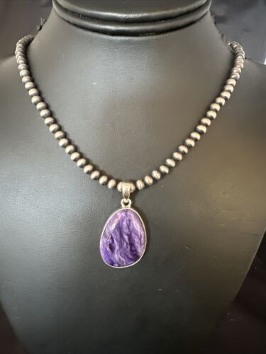 Navajo Pearls Purple Charoite Pendant Necklace | Sterling Silver Beads | Authentic Native American Handmade | 15517