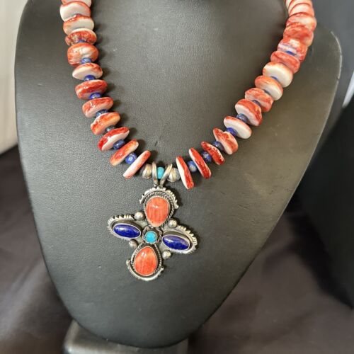 Navajo Red Spiny Oyster Lapis Pendant Necklace | Sterling Silver | Multi-Stone | 17668