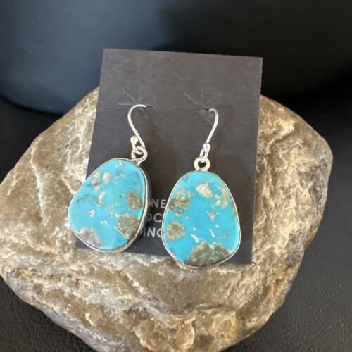Navajo Blue Turquoise Dangle Earrings | Sterling Silver | Authentic Native American Handmade | 15433