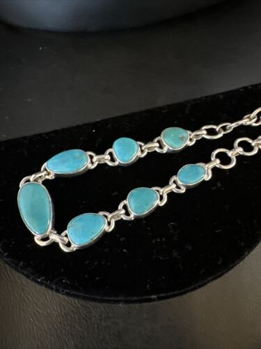 Navajo Blue Turquoise Link Bracelet | Sterling Silver | 8" | Authentic Native American Handmade | 15476
