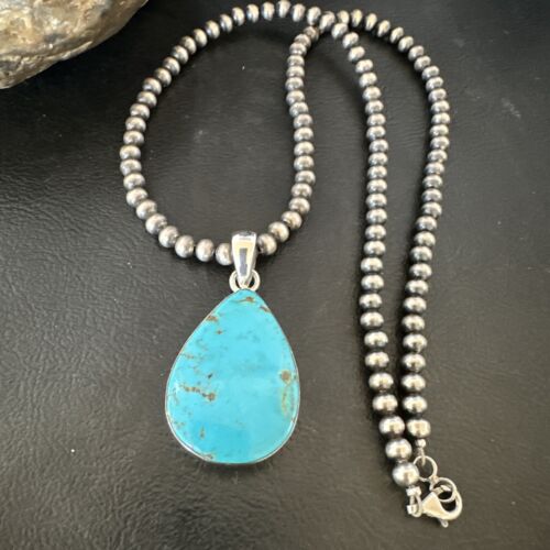 Blue Kingman Turquoise Pendant | Navajo Pearls | Sterling Silver Necklace 20" | 16672