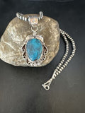Navajo Pearls Blue Turquoise Necklace Pendant | Sterling Silver | Authentic Native American Handmade | 14882