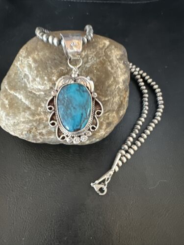 Navajo Pearls Blue Turquoise Necklace Pendant | Sterling Silver | Authentic Native American Handmade | 14882
