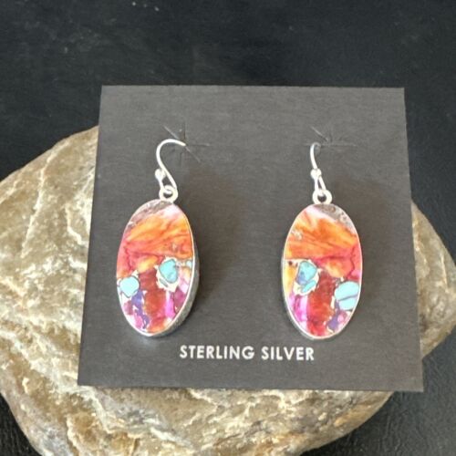 Navajo Blue Turquoise Red Spiny Oyster Inlay Dangle Earrings | Sterling Silver | Authentic Native American Handmade | 15562