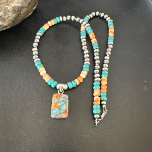 Navajo Spiny Turquoise Pendant Necklace | Sterling Silver | 22" | Authentic Native American Handmade | 17430