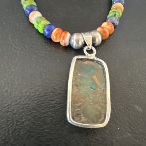 Navajo Spiny Oyster Turquoise Lapis Pendant Necklace | Sterling Silver | 21" | Authentic Native American Handmade | 16630