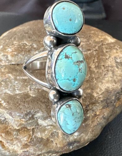 Navajo Blue Dry Creek Turquoise Cluster Ring | Authentic Native American Sterling Silver | Multi-Stone | Sz 8.5 | 17839