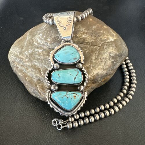 Navajo Blue Kingman Turquoise 3-Stone Cluster Pendant | Sterling Silver | Authentic Native American Handmade | 17631
