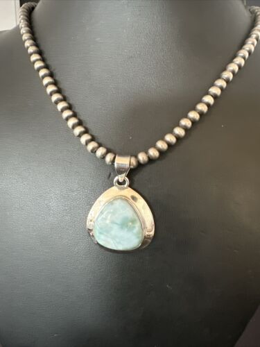 Navajo Blue Larimar Pendant Necklace | Sterling Silver Beads | Authentic Native American Handmade | 17605