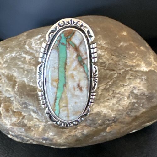 Navajo Ribbon Boulder Green Turquoise Ring | Sterling Silver | Sz 9 | Authentic Native American Handmade | 16252