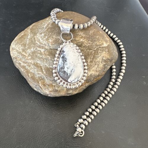 White Buffalo Turquoise Pendant | Navajo Pearls Sterling Silver Necklace | Authentic Native American Handmade | 17108