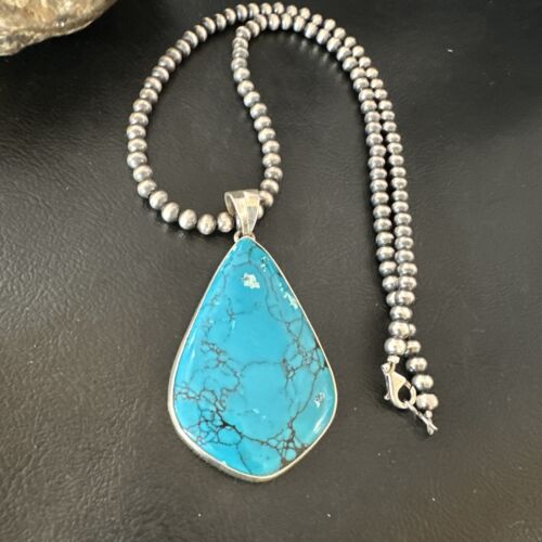 Men's Navajo Blue Spiderweb Turquoise Pendant Necklace | Sterling Silver | Authentic Native American Handmade | 16207