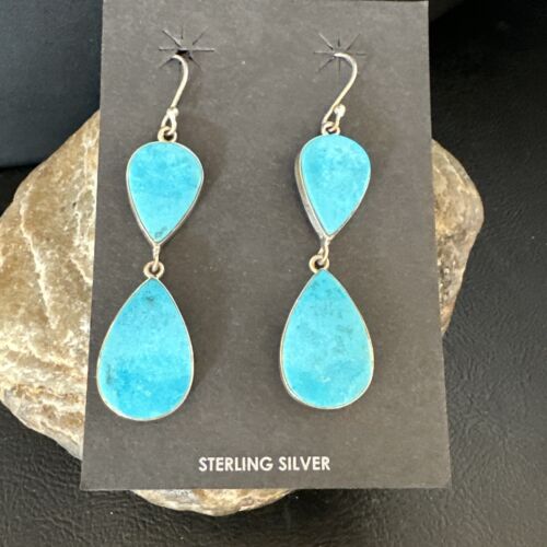 Navajo Blue Kingman Turquoise Dangle Earrings | Sterling Silver | Authentic Native American Handmade | 15122