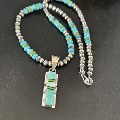 Navajo Green Gaspeite Turquoise Inlay Pendant Necklace | Sterling Silver | Authentic Native American Handmade | 16013