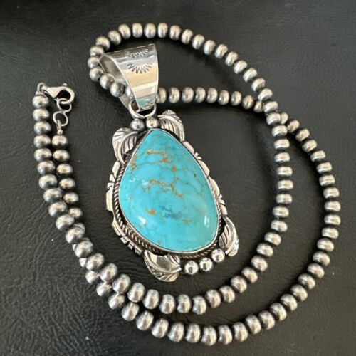 Navajo Men's Blue Kingman Turquoise Pendant Necklace | Sterling Silver | Authentic Native American Handmade | 17477