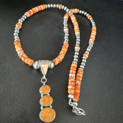 Navajo Orange Spiny Oyster Pendant with Pearls | Sterling Silver Necklace | Authentic Native American Handmade | 15255