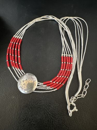 Navajo Concha Red Coral Heishi Necklace | 5 Strand Liquid Sterling Silver | 20" | 15878