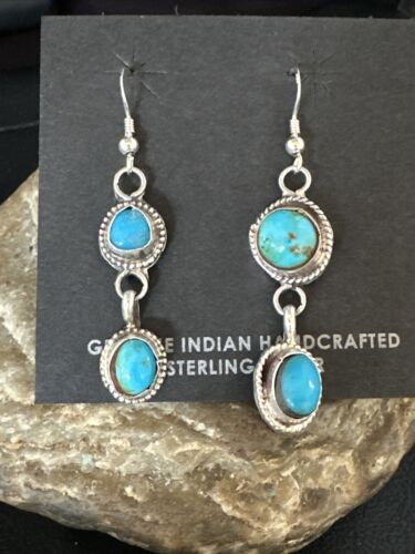 Kingman Turquoise Dangle Earrings | Navajo Sterling Silver | Authentic Native American Handmade | 14871