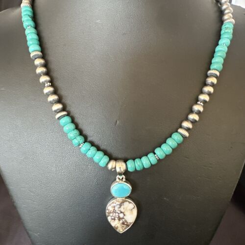 Navajo Wild Horse Blue Kingman Turquoise Necklace | Sterling Silver | Authentic Native American Handmade | 17525