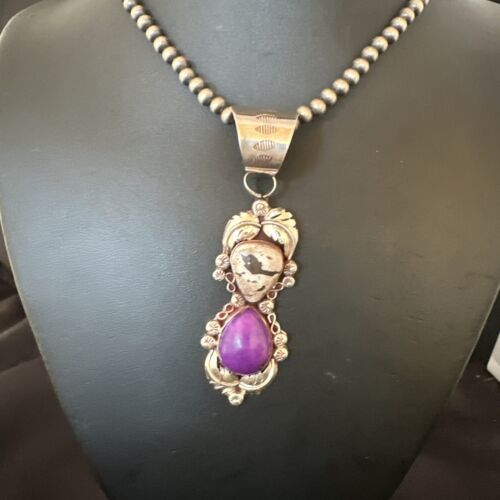 Navajo Pearls Pendant | Sterling Silver | White Buffalo Turquoise & Sugilite | Multi-Stone | 16872