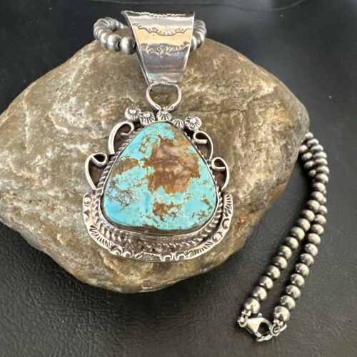 Navajo Royston Turquoise Pendant with Pearls | Sterling Silver Necklace | Authentic Native American Handmade | 17064