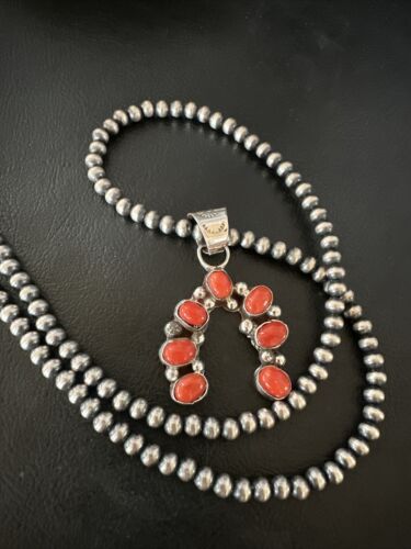 Navajo Horseshoe Naja Red Coral Pendant Necklace | Sterling Silver | Authentic Native American Handmade | 15754