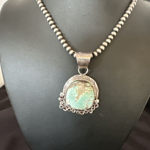 Women's Royston Turquoise Pendant Necklace | Navajo Pearls | Sterling Silver | Authentic Native American Handmade | 17065