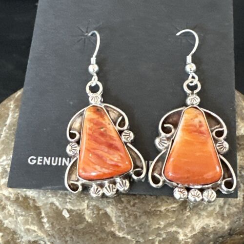 Navajo Orange Spiny Oyster Dangle Earrings | Sterling Silver | Authentic Native American Handmade | 17269
