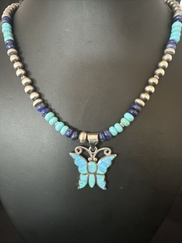 Navajo Opal Inlay Pendant Turquoise & Lapis | Sterling Silver Necklace | 16845