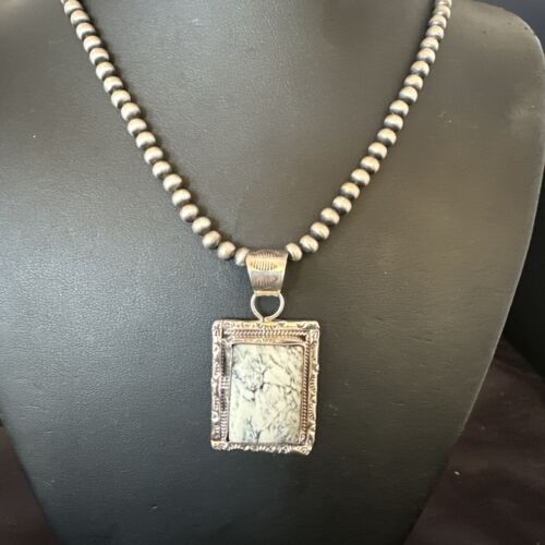 White Buffalo Turquoise Pendant | Navajo Pearls Sterling Silver Necklace | Authentic Native American Handmade | 17103