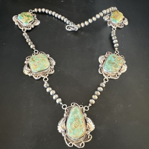 Navajo Green Royston Turquoise Pendant Necklace | Sterling Silver | Authentic Native American Handmade | 15252